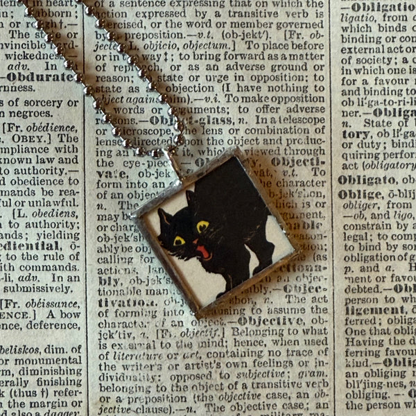 Black cat, Jack O'Lantern, vintage illustrations, up-cycled to soldered glass pendant