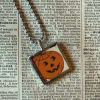 Black cat, Jack O'Lantern, vintage illustrations, up-cycled to soldered glass pendant