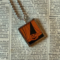 Jack O'Lanterns, pumpkins, vintage illustrations, up-cycled to soldered glass pendant