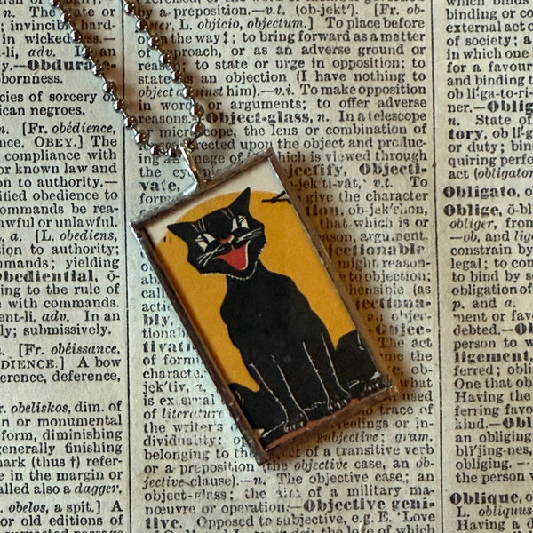 Black cat, Jack O'Lantern, vintage illustrations, up-cycled to soldered glass pendant