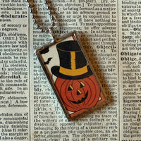 Black cat, Jack O'Lantern, vintage illustrations, up-cycled to soldered glass pendant