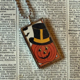 Black cat, Jack O'Lantern, vintage illustrations, up-cycled to soldered glass pendant