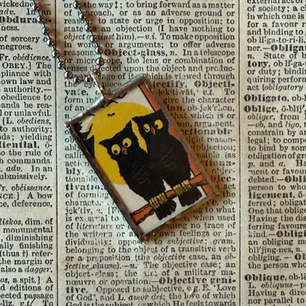 Owls, vintage illustrations, up-cycled to soldered glass pendant