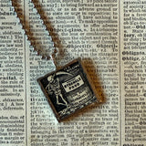 Skeleton, rat poison, advertising illustrations up-cycled to soldered glass pendant
