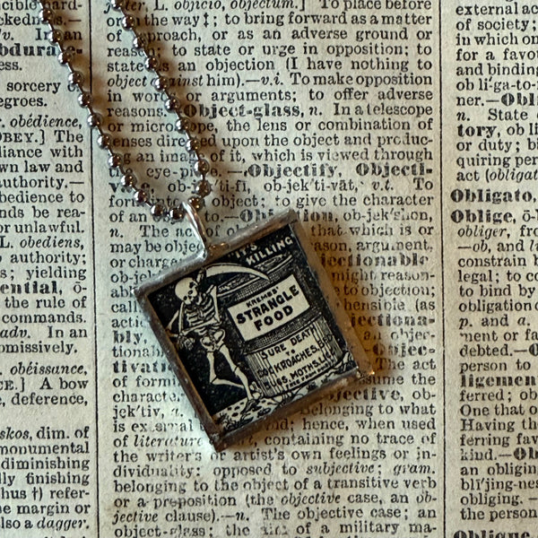 Skeleton, rat poison, advertising illustrations up-cycled to soldered glass pendant