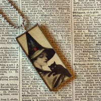 Witch, black cat, spider, vintage halloween illustrations, up-cycled to soldered glass pendant