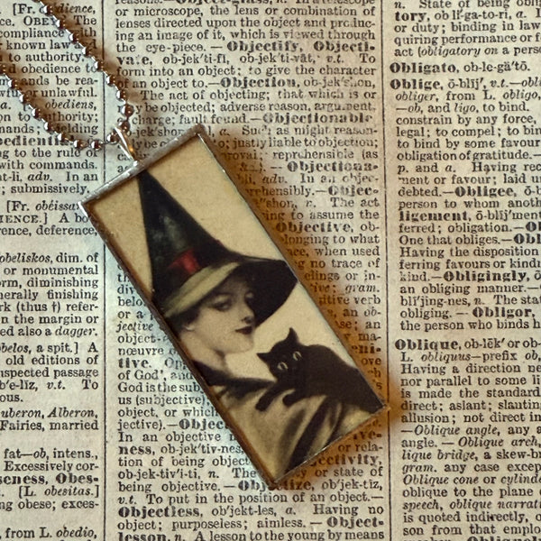 Witch, black cat, spider, vintage halloween illustrations, up-cycled to soldered glass pendant