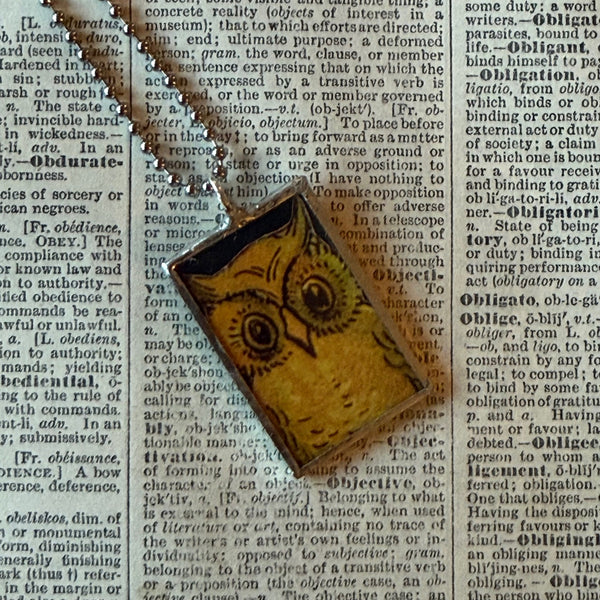 Owls, vintage illustrations, up-cycled to soldered glass pendant