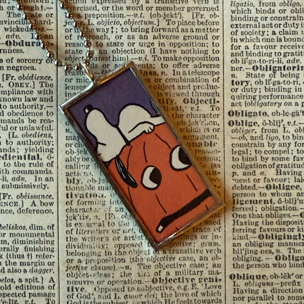 Snoopy, Great Pumpkin, comic strip illustrations from vintage Peanuts book, up-cycled to hand-soldered glass pendant