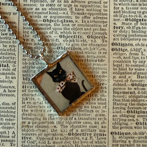 Black cats, vintage illustrations, up-cycled to soldered glass pendant