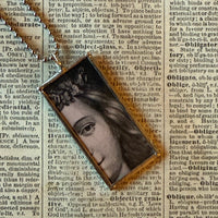 Inside Outside, Woman's face and skull, vintage halloween illustrations, up-cycled to soldered glass pendant