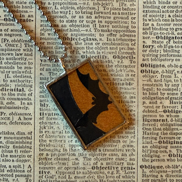 Bat, Jack O'Lantern, vintage halloween illustrations, up-cycled to soldered glass pendant