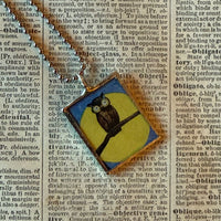 Owl, moon, vintage halloween illustrations, up-cycled to soldered glass pendant