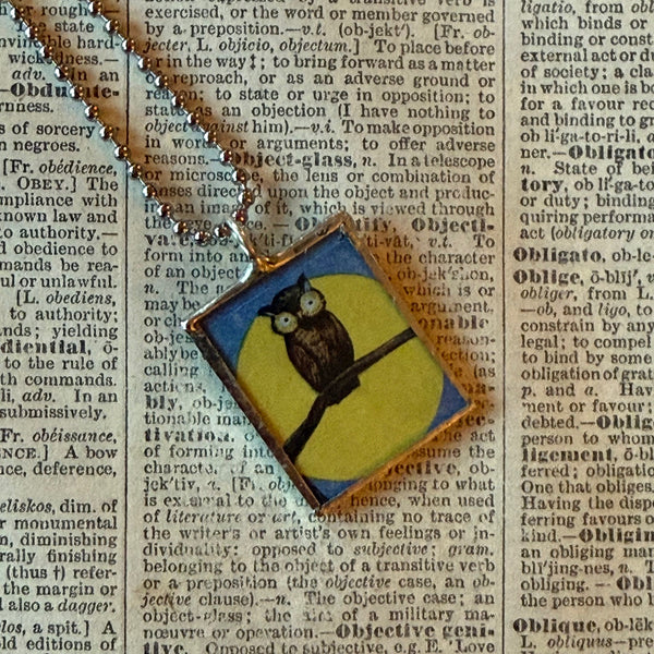 Owl, moon, vintage halloween illustrations, up-cycled to soldered glass pendant