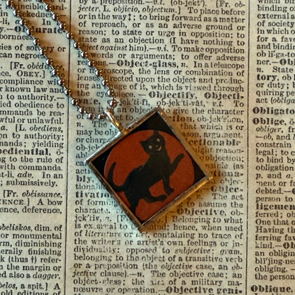 Black cats, vintage illustrations, up-cycled to soldered glass pendant