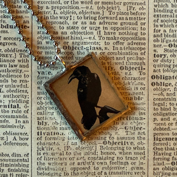 Raven, Skull, vintage halloween illustrations, up-cycled to soldered glass pendant