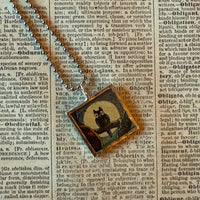 Owl, moon, vintage halloween illustrations, up-cycled to soldered glass pendant