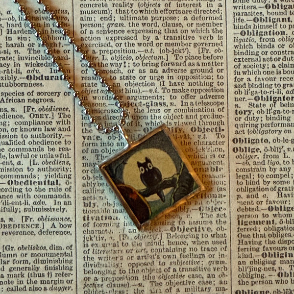 Owl, moon, vintage halloween illustrations, up-cycled to soldered glass pendant