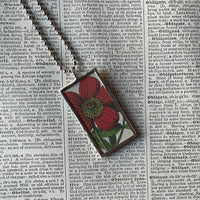 Red cinquefoil flower, white , botanical illustrations, up-cycled to soldered glass pendant