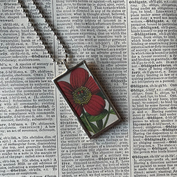 1 - Red cinquefoil flower, white , botanical illustrations, up-cycled to soldered glass pendant