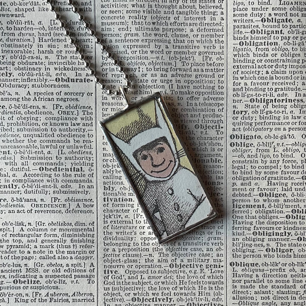 Wild Things, Max, Sendak, vintage children's book illustrations, up-cycled to soldered glass pendant