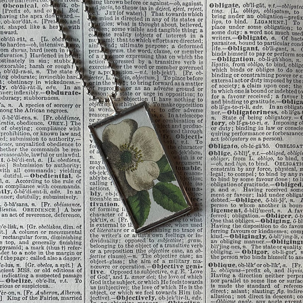 1 - White dahlia, botanical illustrations, up-cycled to soldered glass pendant