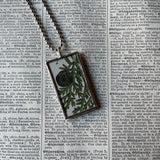 Pinecones, juniper, pine trees, botanical illustrations, up-cycled to soldered glass pendant