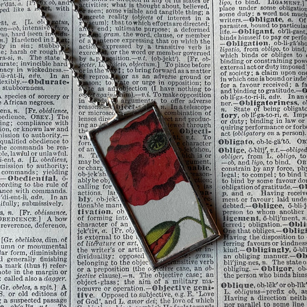 1 - Red Poppy, Sunflower, botanical illustrations, up-cycled to soldered glass pendant