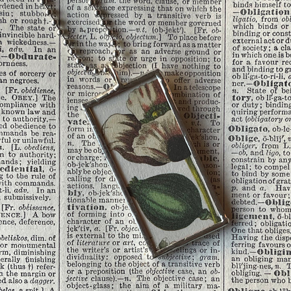 1 - White poppy flowers, botanical illustrations, up-cycled to soldered glass pendant