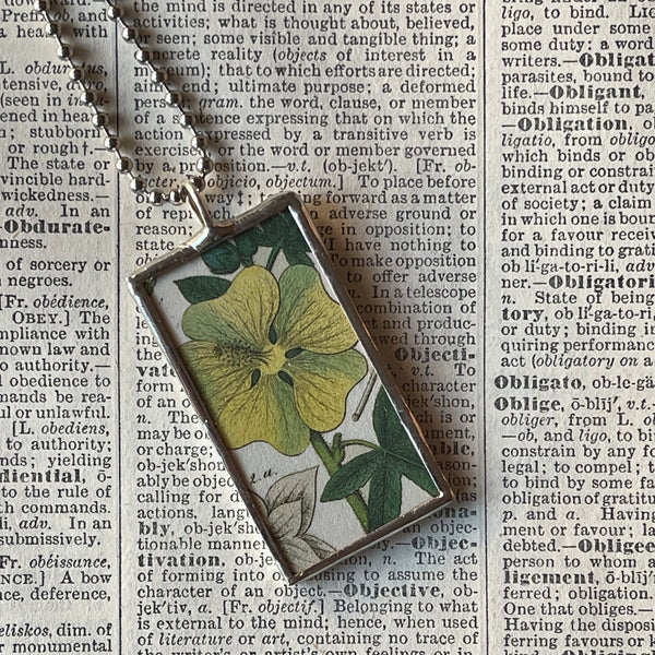 1 - Yellow hibiscus, white lily, botanical illustrations, up-cycled to soldered glass pendant