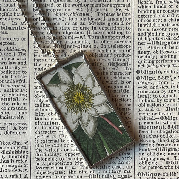 1 - Water lily, hellebore flower botanical illustrations, up-cycled to soldered glass pendant )