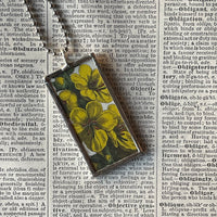 Yellow hibiscus, yellow cinquefoil flowers, botanical illustrations, up-cycled to soldered glass pendant