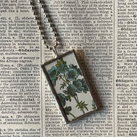 Yellow cinquefoil, purple hellebore flowers, botanical illustrations, up-cycled to soldered glass pendant