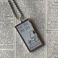 Snoopy, comic strip illustrations from vintage Peanuts book, up-cycled to hand-soldered glass pendant