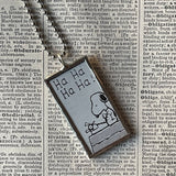 Snoopy, comic strip illustrations from vintage Peanuts book, up-cycled to hand-soldered glass pendant