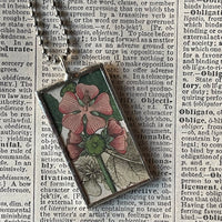 Periwinkle flower, white cinquefoil flower, botanical illustrations, up-cycled to soldered glass pendant