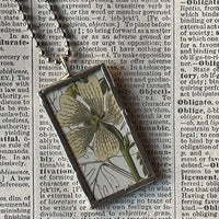 Periwinkle flower, white cinquefoil flower, botanical illustrations, up-cycled to soldered glass pendant