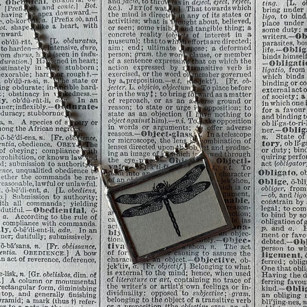 1  Dragonfly, vintage 1930s dictionary illustration, upcycled to soldered glass pendant