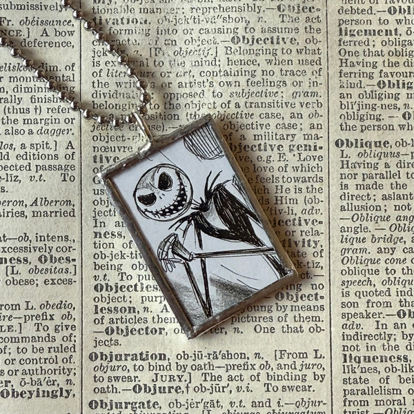 Nightmare before Christmas, Jack Skellington, original illustrations from vintage book, up-cycled to soldered glass pendant