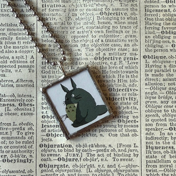 My Neighbor Totoro, Miyazaki animation stills / movie poster up-cycled to soldered glass pendant