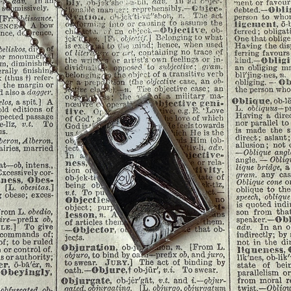 Nightmare before Christmas, Jack Skellington, original illustrations from vintage book, up-cycled to soldered glass pendant