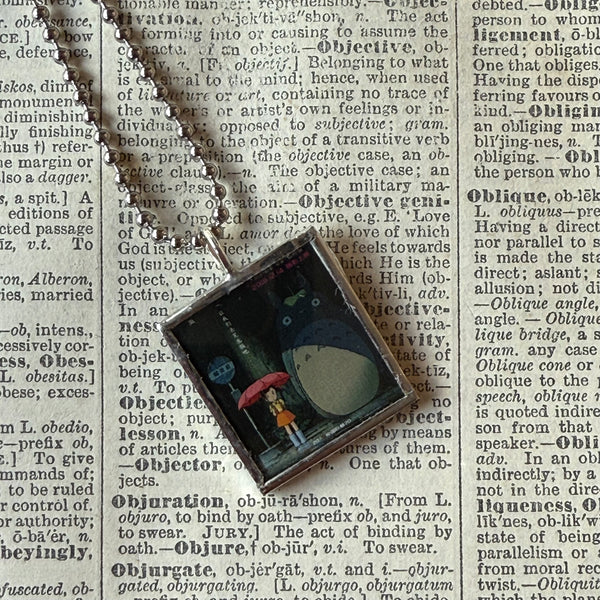 My Neighbor Totoro, Miyazaki animation stills / movie poster up-cycled to soldered glass pendant