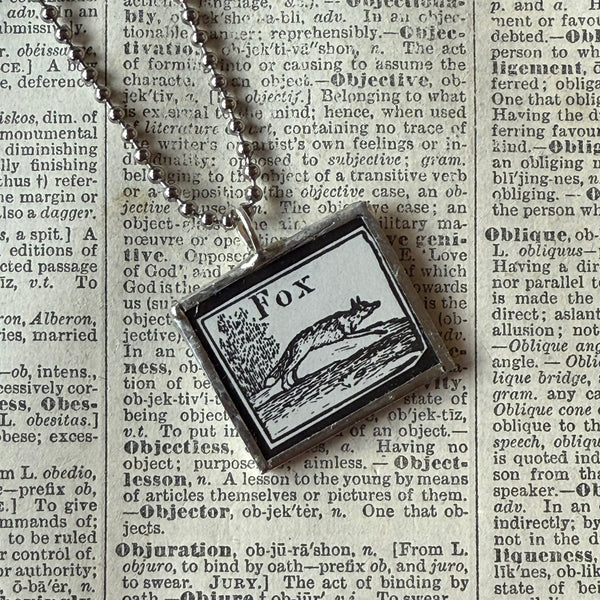 FOX, vintage illustration, upcycled to soldered glass pendant