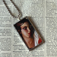 Tamara de Lempicka Art Nouveau Woman painting, upcycled to 2-sided soldered glass pendant