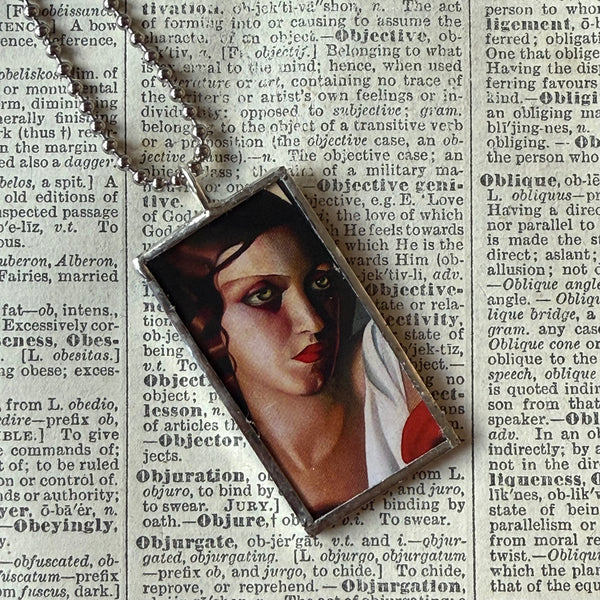Tamara de Lempicka Art Nouveau Woman painting, upcycled to 2-sided soldered glass pendant
