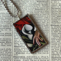 Tamara de Lempicka Art Nouveau Woman painting, upcycled to 2-sided soldered glass pendant