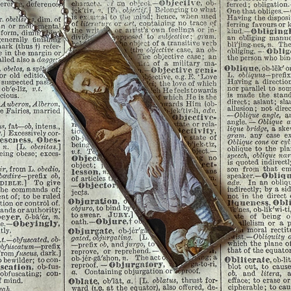 Alice in Wonderland, original illustrations from vintage ephemera, up-cycled to soldered glass pendant