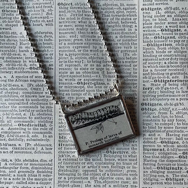 1  Caterpillar, vintage 1930s dictionary illustration, upcycled to soldered glass pendant