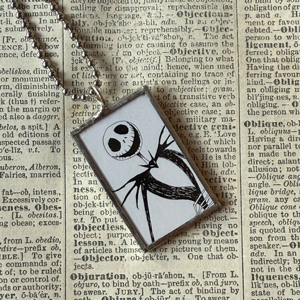 Nightmare before Christmas, Jack Skellington, Sally, original illustrations from vintage book, up-cycled to soldered glass pendant