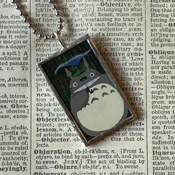 My Neighbor Totoro, Miyazaki animation stills / movie poster up-cycled to soldered glass pendant